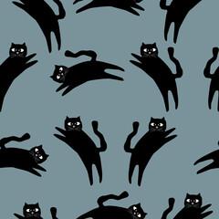 Seamless pattern of cute black cats. Vector illustration on white background.	