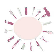 Border frame with hairdressing tools. Square vector illustration with accessories for hair salon with copy space