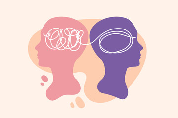 Mental health, psychotherapy concept with two human heads made in pastel colors vector illustration