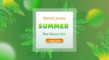 Summer sale promotion banner template with tropical leaves elements