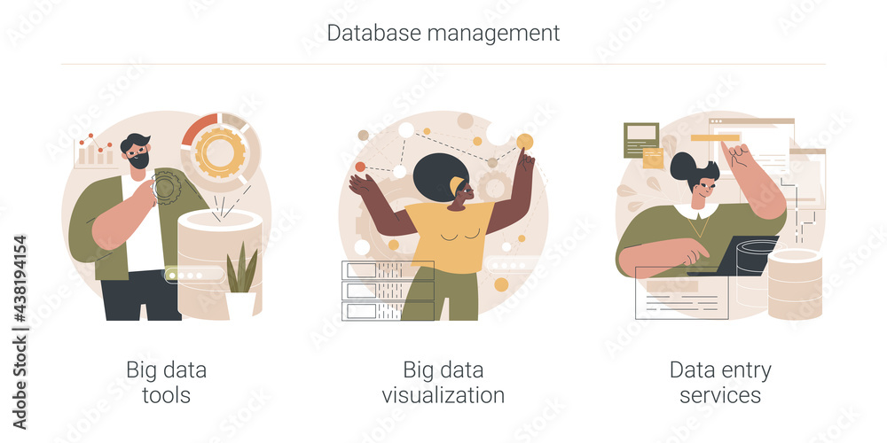 Poster database management abstract concept vector illustration set. big data tools and visualization, data