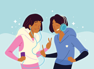 young couple with earphones