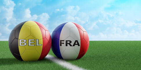 France vs. Belgium Soccer Match - Leather balls in France and Belgium national colors on a soccer field. Copy space on the right side - 3D Rendering 