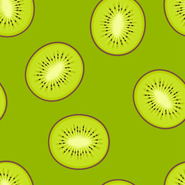 Kiwi fruit slices on a green background. Food seamless pattern. Vector flat illustration.