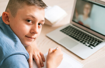 Close-up Portrait of a Remote Learning Boy at Home