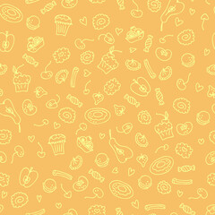 Hand drawn bakery seamless pattern background. Perfect for scrapbooking, textile and prints. Hand drawn vector illustration for decor and design.