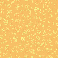 Hand drawn bakery seamless pattern background. Perfect for scrapbooking, textile and prints. Hand drawn vector illustration for decor and design.