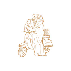 Bride and groom riding a scooter. Trend vector illustration. Linear art. Icon for wedding agencies, photographers, law shops, florists, pastry shops
