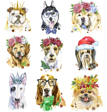 Set of watercolor portraits of dogs for decoration