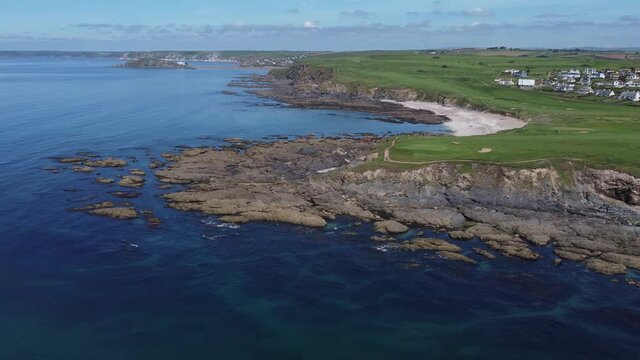 Leas Foot Sands Beach Devon, Aerial views in June. Pan right.