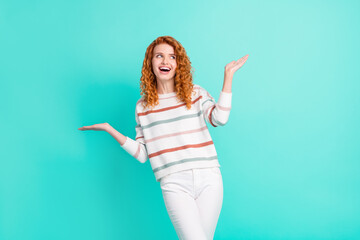 Photo portrait of red haired girl in striped sweater laughing forgot shrugging shoulders isolated...