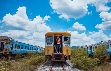 Engineer railway under  checking construction process train testing and checking railway work on...