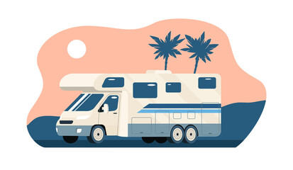 Motorhome on background of abstract tropical landscape. Vector flat style illustration.
