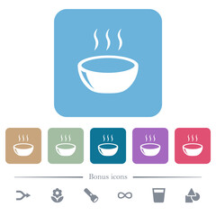 Glossy steaming bowl flat icons on color rounded square backgrounds