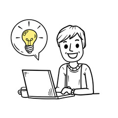 Fototapeta na wymiar Man sitting at table with laptop. Work as freelancer and programmer. Modern gadget. Smiling happy guy. Bubble with light bulb. Idea concept. Invention and thought. Hand drawn sketch cartoon