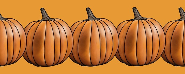 Bright mature orange pumpkins on a light orange background, seamless pattern, border
