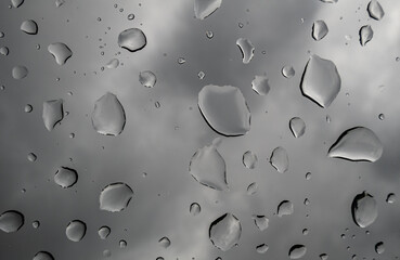 Rain water drops on transparent glass surface of the car roof and dramatic sky with dark clouds..