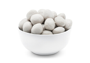 Beef balls in ceramic white bowl isolated on white background with clipping path.