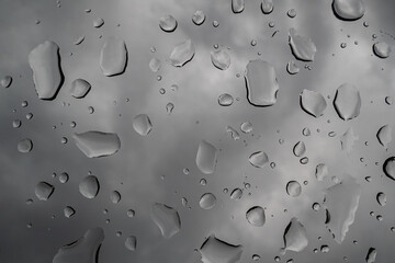 Rain water drops on transparent glass surface of the car roof and dramatic sky with dark clouds..