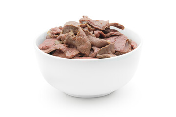 Beef heart stewed sliced in ceramic white bowl isolated on white background with clipping path.