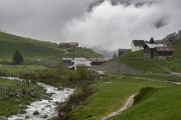 Fototapeta na wymiar Swiss village Gions in direction of Lukmanier mountain pass