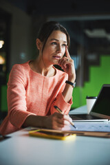 Charming attractive business woman concerned making difficult decision and lost in thought