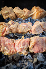 Shish Kebab made from pieces of pork is cooked on skewers on the grill