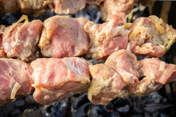 Shish Kebab made from pieces of pork is cooked on skewers on the grill
