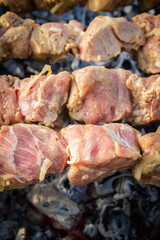 Shish Kebab made from pieces of pork is cooked on skewers on the grill