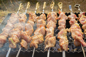 Shish Kebab made from pieces of pork is cooked on skewers on the grill