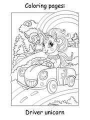 Coloring book page cute unicorn drive a car