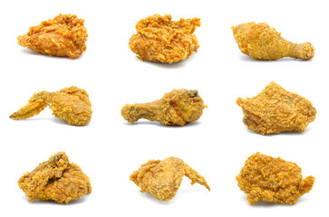 Set of crispy fried chickens isolated on a white background.