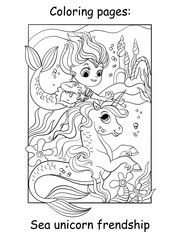 Coloring book page mermaid and unicorn swim under the water