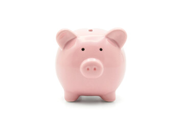 Front view of pink piggy bank for money saving isolated on white background with clipping path.