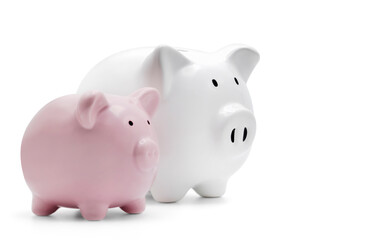 White and pink piggy bank for money saving isolated on white background with clipping path.