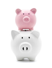 White and pink piggy bank for money saving isolated on white background with clipping path.