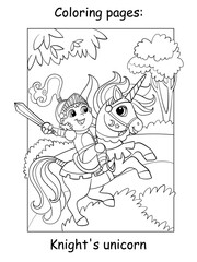 Coloring book page cute little knight in armor riding a unicorn