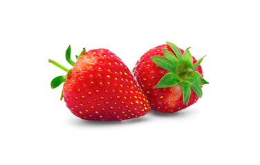 Fresh red ripe strawberries with leaf isolated on white background.