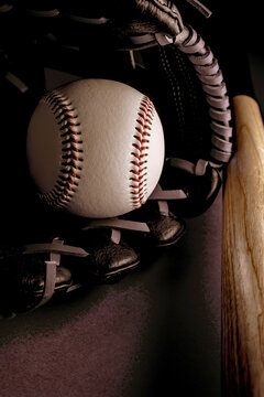 glove, bat and baseball ball