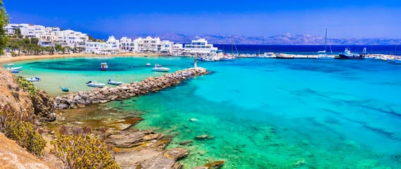 Gordijnen Greece holidays, Cyclades, Paros island beaches and sea. Scenic tranquil coastal village Piso Livadi with turquoise sea © Freesurf