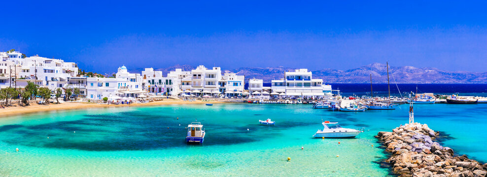 Greece Paros island Piso Livadi village beach panorama with turquoise sea high resolution World Print 13K mediterranean aesthetics Cyclades traditional taverns and white houses travel wall art