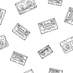 Cassette tapes pattern in doodle style. Vector seamless background. 