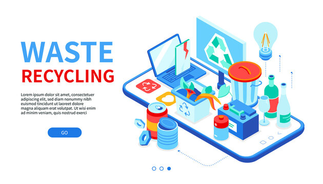 Waste recycling - modern colorful isometric web banner