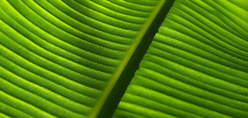 Rain or dew water drops on striped tropical light and dark green banana palm tree leaf surface....
