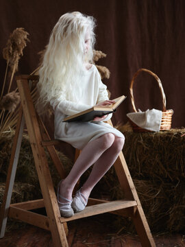 Little white-haired girl reading a book on brown background