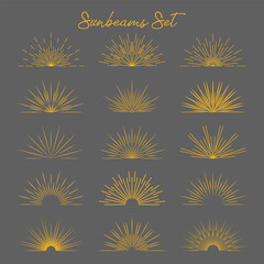 Set of vintage gold bursting rays flat icon. Graphic symbols half sun sunset firework spark starburst explosion. Vector design elements sunrise light burst line shine sunshine sunbeam retro border