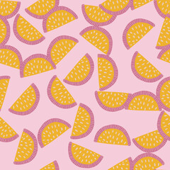 Natural yellow random citruc slices elements seamless pattern. Lilac background. Summer fresh print.
