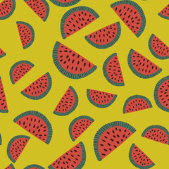 Food seamless pattern with random red watermelon slice shapes. Yellow-green background. Berry backdrop.