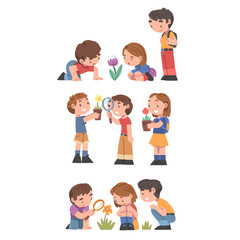 Kid Learning about Plants Set, Cute Little Boys and Girls Exploring Plants Through Magnifying Glass in Garden Cartoon Vector Illustration