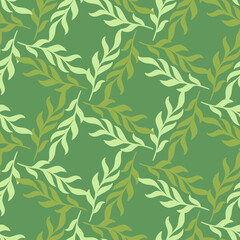 Geometric style seamless pattern with marine doodle seaweed elements print. Green background.